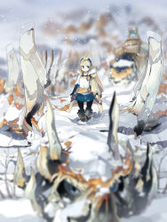 1girl akitsu_taira belt blonde_hair blue_eyes blurry boots cape depth_of_field dragon fantasy izumi_luna_(akitsu_taira) knee_boots original pantyhose snow solo rating:Sensitive score:5 user:danbooru