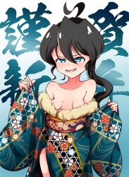  1girl absurdres ahoge areola_slip bare_shoulders black_hair blue_eyes blush breasts gradient_background highres japanese_clothes kimono looking_at_viewer mado_(ryuukiyu) medium_hair no_bra off_shoulder open_mouth original pointy_breasts ryuukiyu sharp_teeth simple_background small_breasts solo standing teeth translation_request 