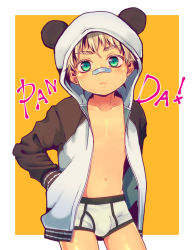 1boy :3 animal_hood bandaid bandaid_on_face bandaid_on_nose blonde_hair blush briefs bulge classic_fly_briefs collarbone cowboy_shot edging_briefs edging_underwear english_text green_eyes hand_in_pocket hands_in_pockets hood hood_up hoodie looking_at_viewer male_focus male_underwear midriff midriff_peek multicolored_clothes multicolored_hoodie navel nipples oginy open_clothes open_hoodie original panda_hood simple_background solo thick_eyebrows underwear white_briefs white_male_underwear rating:Sensitive score:29 user:danbooru