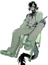  1boy au_ra baggy_pants black_hair black_horns black_scales bright_pupils closed_mouth colored_inner_hair colored_skin crocs final_fantasy final_fantasy_xiv fingernails full_body green_footwear green_hair green_jacket green_pants grey_skin hair_over_one_eye hand_on_own_knee highres horns jacket lizard_tail long_sleeves looking_at_viewer low_horns male_focus multicolored_hair no_shirt open_clothes open_jacket pants red_eyes robodumpling scales sharp_fingernails short_hair simple_background sitting solo stool tail warrior_of_light_(ff14) white_background white_pupils 