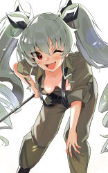  1girl absurdres adapted_uniform anchovy_(girls_und_panzer) anzio_military_uniform backlighting belt black_belt black_footwear black_ribbon blaze_(blazeillust) blush boots breasts collared_shirt commission downblouse drill_hair fang girls_und_panzer green_hair grey_pants grey_shirt hair_ribbon hand_on_own_hip hand_on_own_knee highres holding holding_riding_crop leaning_forward long_hair looking_at_viewer medium_breasts military military_uniform nipple_slip nipples no_bra one_eye_closed open_mouth pants partially_unbuttoned pixiv_commission red_eyes ribbon riding_crop shirt simple_background skin_fang sleeves_rolled_up smile solo standing suspenders sweat twin_drills twintails uniform very_long_hair white_background wing_collar  rating:Sensitive score:9 user:danbooru