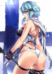 10s 1girl alternate_breast_size anti-materiel_rifle ass ass_grab back bare_shoulders blue_eyes blue_hair bolt_action breasts bullet_hole colored_eyelashes covered_erect_nipples fingerless_gloves gloves grabbing_own_ass gun hair_ornament hairclip highres holding kamishiro_ryuu large_breasts matching_hair/eyes panties pgm_hecate_ii rifle scarf sinon sniper_rifle solo sword_art_online thigh_strap thighs torn_clothes underwear weapon white_panties rating:Questionable score:209 user:danbooru