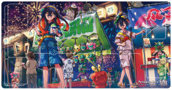  4boys 6+girls aerial_fireworks black_hair blue_shirt blue_shorts brother_and_sister candy_apple carmine_(pokemon) commentary_request creatures_(company) crossed_bangs dipplin festival fireworks food game_freak gen_8_pokemon grin hair_between_eyes hairband holding kieran_(pokemon) long_hair mask mask_on_head multicolored_hair multiple_boys multiple_girls nintendo official_art pointing pokemon pokemon_sv pokemon_tcg poltchageist sandals shaved_ice shirt short_sleeves shorts siblings skwovet smile standing teeth toes two-tone_hair yellow_eyes yellow_hairband 