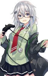  1girl :d absurdres black_skirt blue_eyes blush buttons cardigan clock collared_shirt controller cowboy_shot game_controller glasses green_cardigan grey_hair hair_ornament hairclip highres holding holding_controller holding_game_controller indie_virtual_youtuber jacket kurebayashi_noe kusukage_myxa looking_at_viewer miniskirt necktie off_shoulder open_mouth pen pleated_skirt red_necktie shirt simple_background skirt smile solo white_background white_shirt 