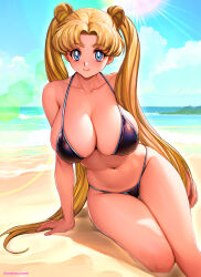  1girl arm_support artist_name bare_arms bare_shoulders beach bikini bishoujo_senshi_sailor_moon black_bikini blonde_hair blue_eyes blue_sky breasts cleavage closed_mouth cloud cloudy_sky collarbone commentary_request day double_bun hair_bun highleg highleg_bikini highres large_breasts lips long_hair looking_at_viewer navel ocean outdoors oyaman sand simple_background sitting sky smile solo stomach sunlight swimsuit thighs tsukino_usagi twintails water  rating:Sensitive score:77 user:danbooru