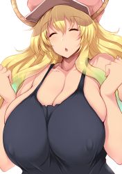 1girl ^_^ bare_arms bare_shoulders baseball_cap black_eyes black_shirt blonde_hair blue_hair breasts chestnut_mouth cleavage closed_eyes collarbone commentary_request covered_erect_nipples dragon_girl dragon_horns eyelashes facing_viewer gradient_hair green_hair hair_between_eyes hands_up hat highres horns huge_breasts kobayashi-san_chi_no_maidragon long_hair lucoa_(maidragon) multicolored_hair open_mouth pink_hat shirt simple_background sleeveless smile solo tank_top tsukasawa_takamatsu upper_body wavy_hair white_background  rating:Questionable score:95 user:danbooru