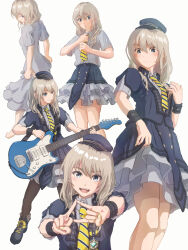  1girl absurdres black_hat black_pantyhose blush commentary_request diagonal-striped_clothes diagonal-striped_necktie dress electric_guitar girls_band_cry grey_dress grey_eyes grey_skirt grin guitar hat highres instrument kawaragi_momoka light_brown_hair long_hair looking_at_viewer m0c0pi multiple_views necktie pantyhose parted_lips playing_guitar short_sleeves simple_background skirt smile striped_clothes sweatdrop white_background yellow_necktie 