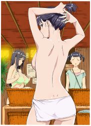 3girls absurdres adjusting_hair arms_up ass back backboob bare_back basket blue_shirt bra breast_envy breasts changing_room choujo_(kakitama) collarbone commentary_request dimples_of_venus flat_chest gluteal_fold green_bra highres holding holding_own_hair jijo_(kakitama) kakitama large_breasts multiple_girls naked_towel nape original partial_commentary pink_shirt ponytail profile purple_hair sanjo_(kakitama) shirt shoulder_blades siblings sideboob sisters standing topless towel towel_around_waist translated triangle_mouth twintails tying_hair underwear white_towel
