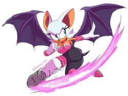  1girl animal_ears artist_name ass bat_ears bat_wings boots breasts cleavage eyelashes eyeshadow fighting fighting_stance full_body furry furry_female green_eyes high_heel_boots high_heels highres kicking legs lipstick long_eyelashes makeup medium_breasts rouge_the_bat serious simple_background sketch solo sonic_(series) sonic_dream_team speed_lines spinning spread_wings steven_jones_(artist) tail white_background wings  rating:General score:8 user:ehwdihed151