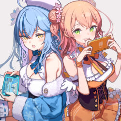  2girls ahoge back-to-back bare_shoulders blonde_hair blue_hair blush breasts cleavage cleavage_cutout clothing_cutout commentary_request double_bun dress fang green_eyes hair_between_eyes hair_bun handheld_game_console heart heart_ahoge holding holding_handheld_game_console hololive kuroboshi_kouhaku large_breasts looking_at_viewer momosuzu_nene momosuzu_nene_(1st_costume) multiple_girls open_mouth orange_dress simple_background skin_fang sleeveless v-shaped_eyebrows virtual_youtuber white_background white_headwear yellow_eyes yukihana_lamy yukihana_lamy_(1st_costume) 