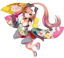  1girl aged_up animal_ears bare_legs bow breasts cat_ears cleavage closed_mouth fake_animal_ears floating_clothes floating_hair floral_print folding_fan from_above hair_bow hand_fan hello_kitty hello_kitty_(character) hello_kitty_print holding holding_fan japanese_clothes kimono lips looking_at_viewer multicolored_clothes multicolored_kimono nekomura_iroha nekomura_iroha_(vocaloid4) obi official_art okama okobo pink_hair print_kimono sandals sanrio sash side_ponytail simple_background smile solo third-party_source vocaloid white_background white_bow yellow_bow yellow_eyes 