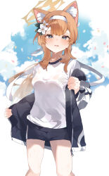  1girl absurdres animal_ear_fluff animal_ears black_jacket black_shorts blue_archive blue_eyes blush breasts cat_ears feet_out_of_frame flower gym_shirt gym_shorts gym_uniform hair_flower hair_ornament halo higa_(gominami) highres jacket long_hair looking_at_viewer mari_(blue_archive) mari_(track)_(blue_archive) medium_breasts official_alternate_costume open_clothes open_jacket open_mouth orange_hair shirt short_sleeves shorts solo sweat track_jacket wet wet_clothes wet_shirt white_flower white_shirt yellow_halo 