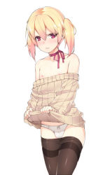 1boy bad_id bad_pixiv_id bare_shoulders blonde_hair blush clothes_lift clothes_pull crossdressing lifting_own_clothes male_focus nipples original panties pantyhose pantyhose_pull red_eyes short_hair short_twintails solo sweater sweater_lift sweater_pull tama_(tamatamo) thighband_pantyhose trap twintails underwear rating:Questionable score:72 user:danbooru