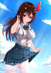 1girl aogami_high_school_uniform blue_bow blue_bowtie blue_sky blush bow bowtie breasts brown_hair clothes_lift cloud day detached_hair diamond_hair_ornament hair_between_eyes hair_ornament hairclip highres hololive hololive_error long_hair looking_at_viewer medium_breasts moezi ocean outdoors plaid plaid_bow plaid_bowtie plaid_skirt pleated_skirt school_uniform shirt skirt skirt_lift sky solo star_(symbol) star_hair_ornament thighs tokino_sora virtual_youtuber water wet wet_clothes white_shirt