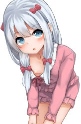 10s 1girl :o bent_over blue_eyes blush bow breasts downblouse eromanga_sensei hair_bow highres izumi_sagiri leaning_forward long_hair looking_at_viewer mizushina_minato nipples no_bra open_mouth pajamas pink_bow silver_hair simple_background small_breasts solo white_background rating:Questionable score:32 user:danbooru