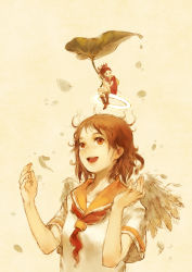  2girls arrietty brown_eyes brown_hair crossover dress haibane_renmei halo highres karigurashi_no_arrietty liyin_(neptune) looking_at_another messy_hair mini_person minigirl multiple_girls open_mouth rakka_(haibane) sailor_collar school_uniform simple_background smile wings 