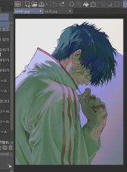  1boy art_tools_in_frame bandaid bandaid_on_face bandaid_on_hand bandaid_on_wrist black_hair blue_eyes collared_jacket dogho31 from_side gauze_on_cheek head_down holding jacket light looking_at_viewer male_focus original parted_lips shadow short_hair sideways_glance solo track_jacket unfinished upper_body white_jacket zipper 