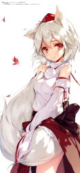 1girl absurdres animal_ears blush breasts cropped detached_sleeves hat highres holding_own_tail hug hugging_own_tail hugging_tail inubashiri_momiji japanese_clothes ke-ta leaf long_sleeves looking_at_viewer maple_leaf non-web_source pom_pom_(clothes) red_eyes sample_watermark shirt short_hair silver_hair skirt smile solo string tail tokin_hat touhou translation_request turtleneck watermark wide_sleeves wolf_ears wolf_girl wolf_tail rating:Sensitive score:11 user:danbooru