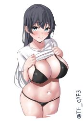  1girl agano_(kancolle) alternate_costume black_hair blue_eyes breasts cleavage clothes_lift commentary_request cowboy_shot cropped_legs highres kantai_collection large_breasts lifted_by_self long_hair navel one-hour_drawing_challenge shirt shirt_lift short_sleeves simple_background smile solo tf_cafe twitter_username white_background white_shirt 