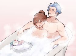 1boy 1girl 1other atelier_(series) atelier_ryza atelier_ryza_3 bath bathing bathtub blue_hair blush bos_brunnen bowl breasts brown_hair cleavage closed_eyes commentary fang fi_(atelier) foam girl_on_top hair_bun hair_ornament kaninoko large_breasts leaning_back leaning_on_object leaning_on_person mixed-sex_bathing open_mouth partially_submerged reisalin_stout shared_bathing short_hair smile steam sweat towel  rating:Sensitive score:16 user:danbooru