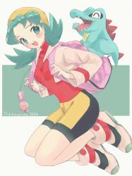 1girl :d backpack bag bike_shorts blush breasts commentary_request copyright_name creatures_(company) eyelashes from_side game_freak gen_2_pokemon green_eyes green_hair highres jacket kris_(pokemon) long_hair long_sleeves mcmcusg nintendo open_clothes open_jacket open_mouth pokegear pokemon pokemon_(creature) pokemon_gsc purple_bag red_shirt shirt shoes smile teeth tongue totodile twintails upper_teeth_only white_footwear white_jacket yellow_headwear 