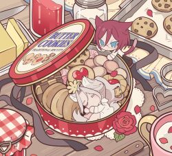  2boys animal_ears bad_id bad_pixiv_id blue_eyes butter cat_boy cat_ears cat_tail checkerboard_cookie chibi chibi_only chocolate_chip_cookie closed_mouth cookie ensemble_stars! flower food full_body glasses heart highres jam jar kemonomimi_mode knife long_hair long_sleeves looking_at_another male_focus meremero multiple_boys petals ran_nagisa red_flower red_hair red_rose rose saegusa_ibara short_hair sleeping standing table tail tin_(container) 