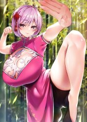  1girl bamboo bamboo_forest bike_shorts blurry blurry_background breasts china_dress chinese_clothes cleavage cleavage_cutout closed_mouth clothing_cutout covered_navel depth_of_field dress fighting_stance forest hair_ornament highres huge_breasts leg_up looking_at_viewer nature original outdoors pink_dress pink_eyes pink_hair short_hair short_sleeves smile solo standing standing_on_one_leg thighs uzura_kazuhisa 