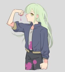  1girl bang_dream! bang_dream!_it&#039;s_mygo!!!!! black_jacket black_pants closed_mouth cow cropped_legs green_hair grey_background hand_up jacket looking_at_viewer open_clothes open_jacket paint_on_clothes pants profile shirt simple_background solo takechi63 wakaba_mutsumi white_shirt yellow_eyes 