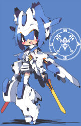  1girl animal_ears black_skirt blue_background blue_hair blush_stickers body_armor dangomushi full_body hair_between_eyes holding holding_sword holding_weapon looking_at_viewer mecha_musume open_mouth original pleated_skirt red_eyes short_hair simple_background skirt solo sword weapon 