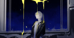  1boy black_jacket blue_sky caelus_(honkai:_star_rail) closed_mouth collarbone gradient_sky grey_hair hair_between_eyes highres honkai:_star_rail honkai_(series) hood hooded_jacket jacket kudaneko liquid long_sleeves looking_up male_focus night night_sky open_clothes open_jacket outdoors shirt short_hair sky solo standing star_(sky) starry_sky t-shirt trailblazer_(honkai:_star_rail) two-sided_fabric two-sided_jacket white_shirt yellow_eyes yellow_jacket 