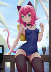 1girl :q absurdres animal_ears annie_(league_of_legends) aqua_eyes backpack bag beach bear belt black_legwear blue_one-piece_swimsuit blue_sky blush bracelet breasts building cameltoe cat_tail cloud collar covered_erect_nipples covered_navel cowboy_shot cup day drink drinking_glass drinking_straw flipped_hair gluteal_fold hair_between_eyes highres holding jewelry league_of_legends licking_lips nail_polish ocean old_school_swimsuit one-piece_swimsuit outdoors palm_tree pink_hair pink_nails ring school_swimsuit short_hair sky small_breasts solo sonikey0_0 swimsuit tail thighhighs tongue tongue_out tree wood rating:Questionable score:20 user:danbooru