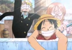  1girl 2boys angry animated animated_gif apron disguise going_merry hat kicking lowres monkey_d._luffy multiple_boys nami_(one_piece) one_piece sanji_(one_piece) smile staff straw_hat  rating:Sensitive score:14 user:nevar