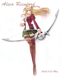  10s 1girl 2013 alisa_reinford artist_name blonde_hair boots bow_(weapon) breasts brown_thighhighs character_name dated dress eiyuu_densetsu falcom female_focus full_body green_dress green_skirt highres jacket juliet_sleeves large_breasts long_hair long_sleeves miu_(lfalsita01) plaid plaid_skirt puffy_sleeves red_eyes school_uniform sen_no_kiseki skirt smile solo thigh_boots thighhighs two_side_up uniform weapon white_background 