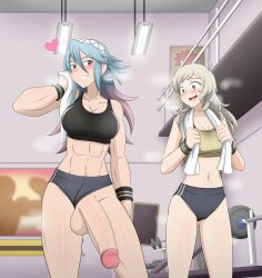  2girls abs absurdres bare_shoulders black_sports_bra blonde_hair blue_hair blush breasts buruma buruma_aside clothing_aside commission commissioner_upload drooling dumbbell fire_emblem fire_emblem_fates futa_with_female futanari gluteal_fold gradient_hair grey_eyes grin gym hair_between_eyes hair_ornament happy heart heart_in_eye heavy_breathing highres indoors large_breasts large_penis long_hair lunaxd multicolored_hair multiple_girls navel nintendo open_mouth ophelia_(fire_emblem) penis penis_awe pink_hair precum precum_string shorts smile soleil_(fire_emblem) sports_bra steam steaming_body sweat symbol_in_eye testicles toned_female towel towel_around_neck very_long_hair white_towel wristband 