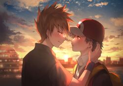 2boys backpack bag black_hair blue_oak blush boat brown_eyes building cloud cloudy_sky collared_shirt creatures_(company) dusk game_freak hat holding holding_hair imminent_kiss looking_at_another male_focus multiple_boys nintendo orange_eyes orange_hair pokemon red_(pokemon) river shirt short_hair sign_(pixiv15044036) sky sunset watercraft wristband yaoi