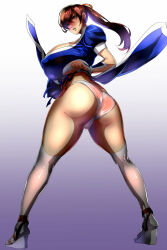  1girl absurdres ass breasts brown_hair cameltoe cleavage clothing_aside curvy dead_or_alive floating_clothes from_behind full_body gradient_background high_heels highres huge_ass huge_breasts judge_(oekaki) kasumi_(doa) legs_apart long_hair looking_at_viewer looking_back ninja panties pelvic_curtain pelvic_curtain_aside ponytail shiny_skin thong underwear white_background white_panties wide_hips 