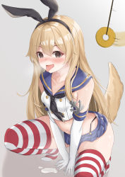 1girl absurdres bad_id bad_pixiv_id blonde_hair blush breasts collarbone dog_tail grey_eyes heart heart-shaped_pupils heavy_breathing highres hypnosis kantai_collection kusana_(dudqja602) long_hair mind_control no_shoes shimakaze_(kancolle) skindentation small_breasts solo squatting striped_clothes striped_thighhighs suggestive_fluid symbol-shaped_pupils tail thighhighs very_long_hair rating:Questionable score:70 user:danbooru