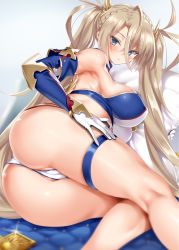 1girl ass bare_shoulders bikini blonde_hair blue_bikini blue_eyes blush bradamante_(fate) bradamante_(third_ascension)_(fate) braid breasts cle_masahiro cleft_of_venus commentary_request elbow_gloves eyelashes fate/grand_order fate_(series) french_braid gloves hair_between_eyes hand_on_own_hip highres hip_focus large_breasts long_hair looking_at_viewer lying on_bed on_side pillow solo summon_ticket_(fate) swimsuit thigh_strap thighs twintails two-tone_bikini very_long_hair white_bikini rating:Questionable score:42 user:danbooru