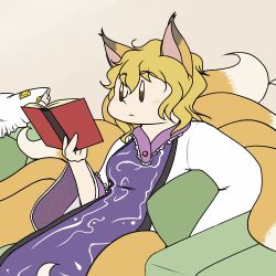  1girl animal_ears blonde_hair book comic dress female_focus flat_color fox_ears fox_tail lowres multiple_tails open_book reading robin_(unlimited_world) simple_background solo tail touhou yakumo_ran  rating:Sensitive score:3 user:danbooru