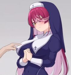  1girl 1other alternate_costume animated bouncing_breasts breast_curtains breasts crossed_bangs dress embarrassed grey_background habit hair_between_eyes hair_over_one_eye heterochromia hololive houshou_marine houshou_marine_(nun) large_breasts left_(left_sio) long_bangs long_hair long_sleeves multicolored_hair nipple_stimulation nun own_hands_clasped own_hands_together red_eyes red_hair solo_focus streaked_hair surprised tagme teasing_nipples video virtual_youtuber white_hair yellow_eyes  rating:Sensitive score:151 user:PuttHutt