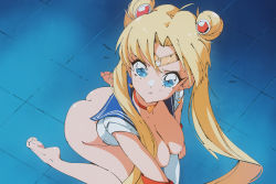  1girl :t ass barefoot bishoujo_senshi_sailor_moon blonde_hair blue_eyes blue_sailor_collar bottomless breastless_clothes breasts choker circlet cleavage closed_mouth crescent crescent_earrings crop_top derivative_work double_bun earrings flou_(flou_art) hair_bun hair_over_shoulder highres jewelry kneeling leaning_forward long_hair looking_at_viewer looking_to_the_side medium_breasts meme nipples on_floor parted_bangs pout red_choker sailor_collar sailor_moon sailor_moon_redraw_challenge_(meme) screenshot_redraw small_nipples solo tile_floor tiles tsukino_usagi twintails  rating:Questionable score:312 user:danbooru