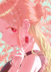  1girl absurdres aqua_background backlighting black_choker blonde_hair blush bracelet bright_pupils choker close-up colored_eyelashes commentary_request drop_earrings ear_piercing earrings fingernails from_side gem hair_bun hair_ornament hairclip half_updo hand_up highres jewelry long_fingernails long_hair looking_at_viewer nail_polish original parted_bangs parted_lips piercing red_eyes red_gemstone red_nails sideways_glance simple_background single_hair_bun solo sxrxri_a tareme white_pupils 
