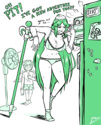  1boy 1girl bikini breasts diskette english_text full_body green_theme highres indoors kid_icarus looking_at_another monochrome nintendo palutena pit_(kid_icarus) sweat swimsuit wings 
