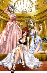 3girls adjusting_hair black_eyes blonde_hair blue_hair bracelet breasts brown_eyes cleaned cleavage clenched_hand dress earrings elbow_gloves erza_scarlet fairy_tail frown gloves hand_on_another&#039;s_shoulder highres jewelry juvia_lockser kneeling large_breasts long_hair long_legs looking_at_viewer lucy_heartfilia mashima_hiro multiple_girls necklace official_art pink_dress pink_gloves ponytail red_hair sandals scarf short_hair side_slit sitting smile smirk stairs tattoo white_dress rating:Sensitive score:46 user:danbooru