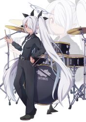  1girl alternate_costume belt black_footwear black_pants black_shirt blue_archive collared_shirt commentary_request dark-skinned_female dark_skin demon_girl demon_tail drum drum_set drumsticks full_body grey_hair hair_over_one_eye hair_ribbon halo hand_on_own_hip highres holding holding_drumsticks instrument iori_(blue_archive) long_bangs long_hair long_sleeves looking_at_viewer necktie pants parted_bangs pointy_ears red_eyes ribbon shirt shoes sidelocks simple_background smile sneakers solo standing tail tie_clip twintails white_necktie yukimi_unagi zoom_layer 