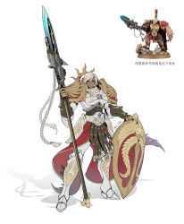  1girl absurdres adeptus_custodes armor armored_boots blonde_hair boobplate boots breastplate breasts dark-skinned_female dark_skin faulds flat_color full_body gauntlets guardian_spear highres holding holding_polearm holding_weapon large_breasts looking_at_viewer moonface photo-referenced photo_inset polearm red_eyes reference_inset shadow shield shoulder_armor solo spear standing waist_cape warhammer_40k weapon white_background 