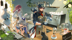  1boy 3girls absurdres apron ascot barista blade_(honkai:_star_rail) bow brick_wall cafe cat chinese_commentary coffee coffee_cup coffee_maker collared_shirt commentary_request counter crossed_bangs cup disposable_cup dragon_boy drinking_straw eyewear_on_head firefly_(honkai:_star_rail) from_behind glasses gloves green_horns grey_hair guaisanmu handheld_game_console hanging_light high_ponytail highres holding holding_cup honkai:_star_rail honkai_(series) horns indoors kafka_(honkai:_star_rail) keyboard_(computer) long_hair milk mini_person miniboy minigirl monitor multiple_girls on_shoulder plant plate pouring purple_eyes purple_hair red_ascot round_eyewear shirt silver_wolf_(honkai:_star_rail) sleeves_rolled_up smile standing sunglasses teacup toaster very_long_hair white_bow 