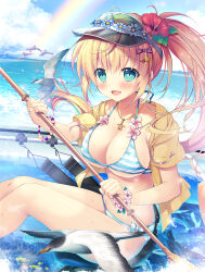  1girl aqua_eyes bead_bracelet beads bikini bird blonde_hair blue_bikini blue_flower blue_sky blush bracelet breasts cloud covered_erect_nipples daisy day flower flower_bracelet hair_flower hair_ornament hair_ribbon hairclip hat hat_flower hibiscus highres holding holding_paddle jacket jewelry kayak large_breasts long_hair looking_at_viewer mikeou necklace ocean open_mouth original outdoors paddle ponytail rainbow red_flower ribbon seagull short_sleeves sidelocks sitting sky smile solo striped_bikini striped_clothes swimsuit underboob visor_cap yellow_jacket 