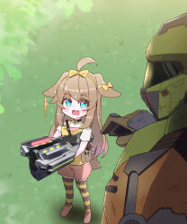  ! 1boy 1girl absurdres ahoge animal_ears bell bfg_9000 blue_eyes blush_stickers bow brown_hair butter_(trickcal) child choker commentary_request crossover dog_ears dog_girl dog_tail doom_(2016) doom_(series) doomguy energy_gun fang gloves hair_bow helmet highres huge_weapon jingle_bell korean_commentary long_hair neck_bell open_mouth pantyhose pink_footwear pink_shorts pointing praetor_suit ribbon shirt shoes short_sleeves shorts size_difference smile space_marine sparkle striped_clothes striped_pantyhose tail trickcal weapon white_shirt yellow_shirt zayuex1a 