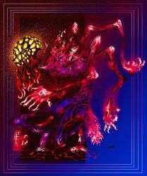 absurdres amygdala_(bloodborne) bloodborne border deadpool_yuchan digitigrade eldritch_abomination emaciated extra_arms extra_digits extra_eyes facing_to_the_side from_side glowing glowing_eyes gradient_background highres monster monster_focus no_humans outside_border signature solo standing tail tentacles trypophobia yellow_eyes